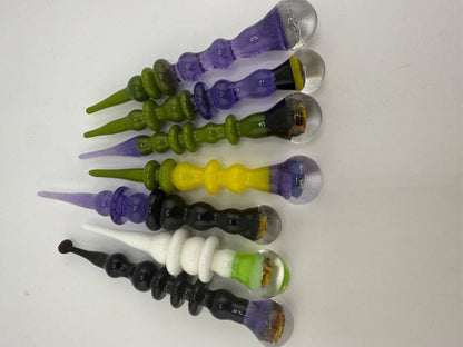 Paulson Pieces Glass Milli Dab Tool Collection: Big Bird, Morty, Possum, VW, and Charmander side view

