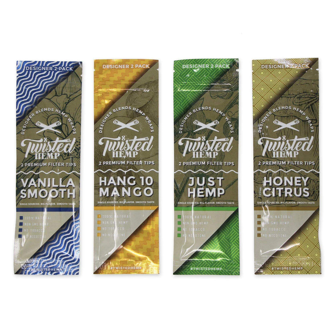 Twisted Hemp Designer Blends – 2pc premium filter tips in Vanilla Smooth, Hang 10 Mango, Just Hemp, and Honey Citrus.