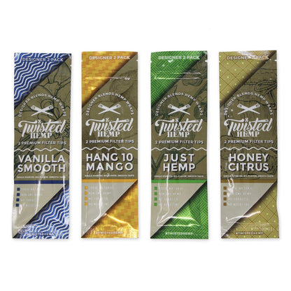 Twisted Hemp Designer Blends – 2pc premium filter tips in Vanilla Smooth, Hang 10 Mango, Just Hemp, and Honey Citrus.