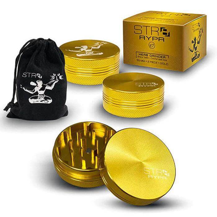 STR8 RYPR 55mm 2pc herb grinder in gold with pouch and box, designed for efficient herb grinding.