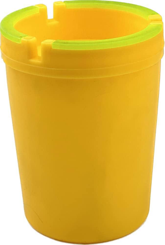 Jumbo Butt Bucket ash tray in bright yellow with green lid, designed for smokers to keep spaces tidy and clean.
