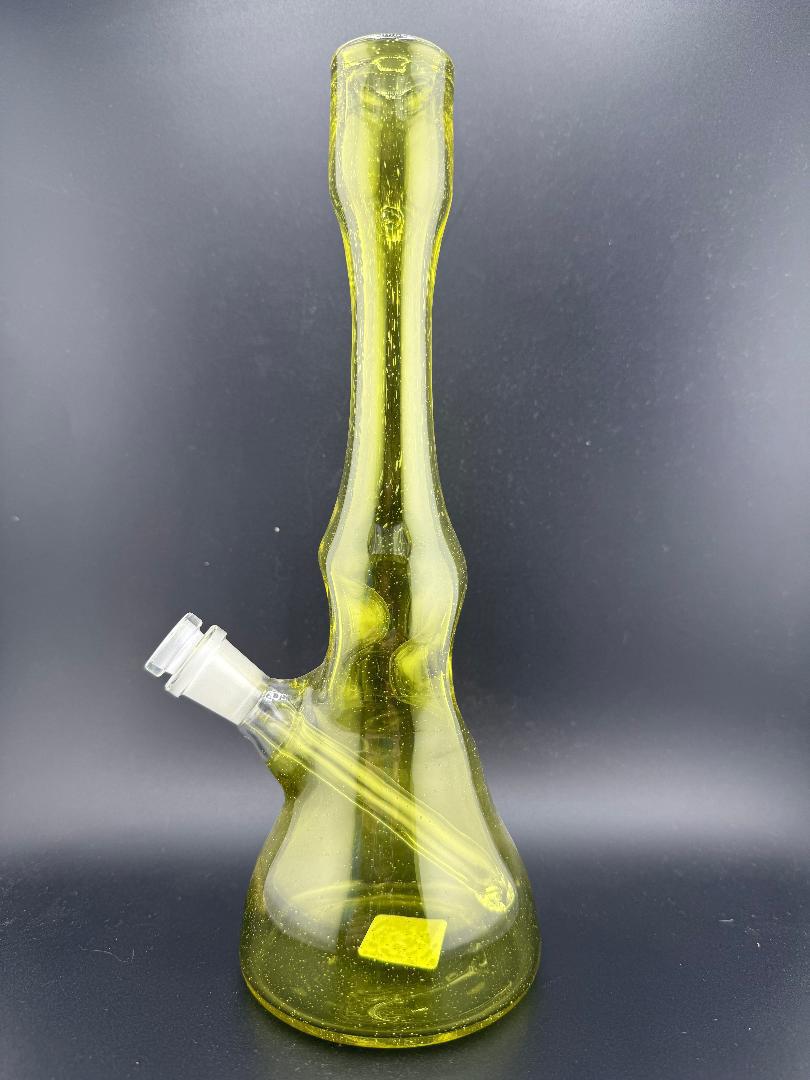 Phranq Glass CFL Transparent Yoshi Rig in vibrant yellow color, showcasing a unique design with a 10mm 45° joint.