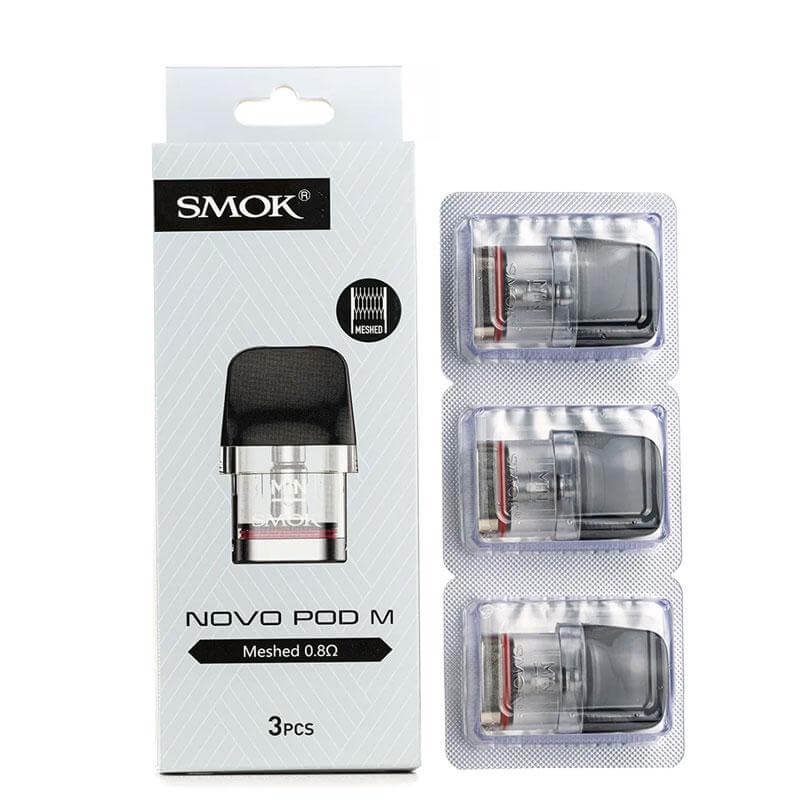 Smok Novo Pod M cartridges in packaging, featuring meshed 0.8Ω coils for smooth MTL vaping.