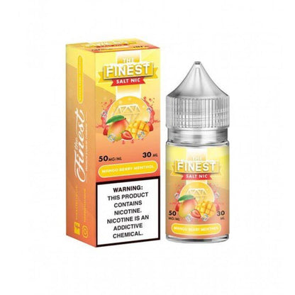 Finest Menthol vape juice 30ml bottle with mango berry flavor, featuring vibrant packaging and nicotine warning.