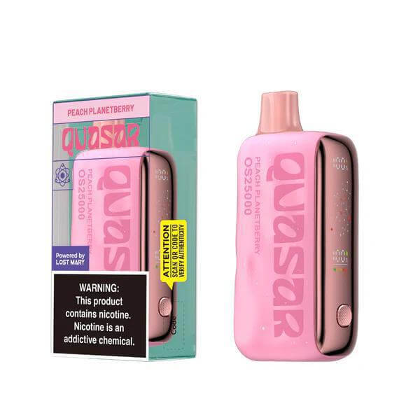Quasar OS25000 vape device in Peach Planetberry flavor, showcasing sleek design and warning label.