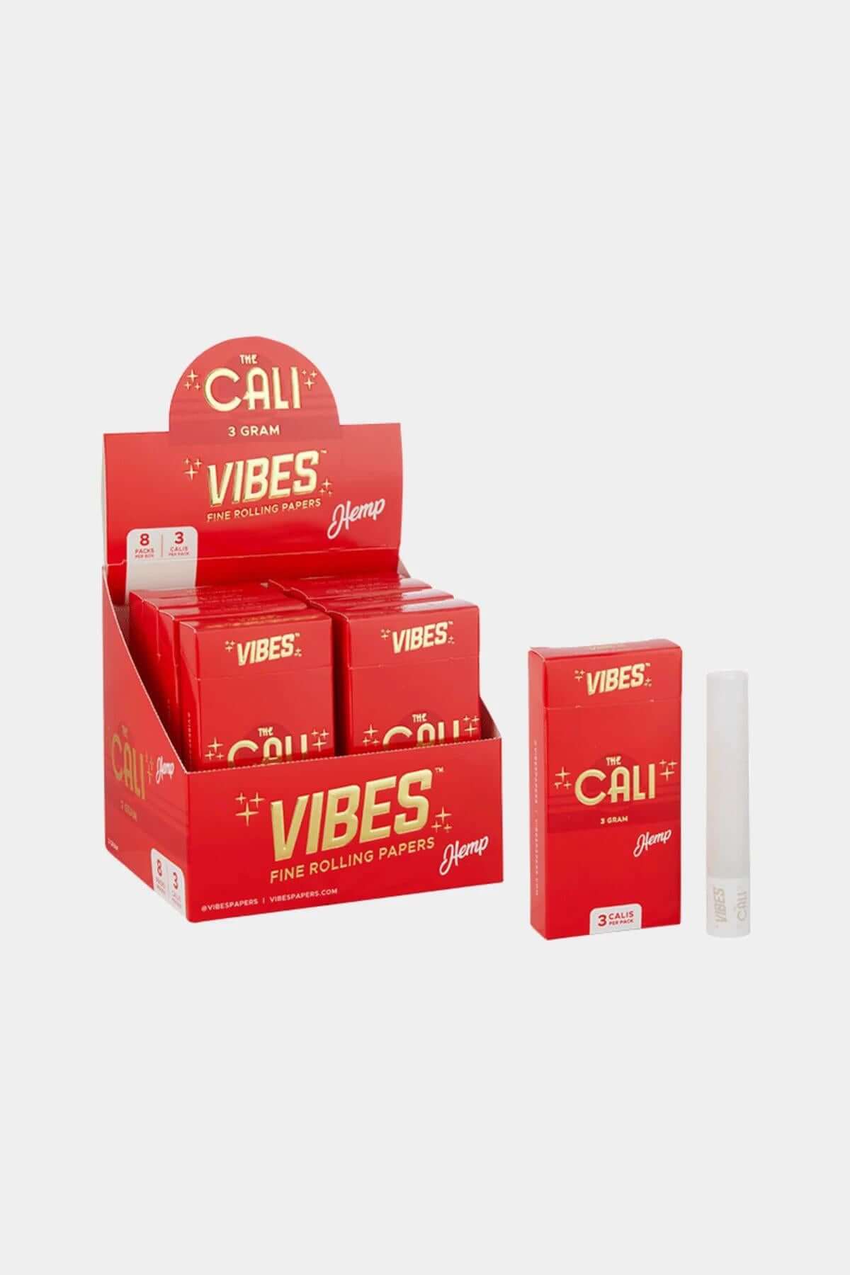 Vibes Cali 3 Gram Cones display box with red packaging and pre-rolled cones for premium smoking sessions