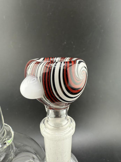 Filla John Glass 14mm Wig Wag bowl with vibrant red and black swirl patterns, showcasing functional glass art for smoking setups.