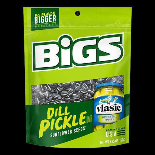 Bigs Dill Pickle Flavor Sunflower Seeds, 5.35 oz resealable bag with Vlasic pickles, bold snack for sunflower seed lovers.