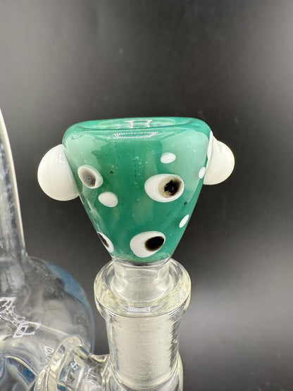Polka Dot 14mm bowl in teal green with white dots, ideal for water pipes, showcasing a unique artistic design.
