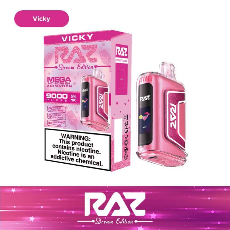 Raz TN9000 Disposable Vape in pink packaging with nicotine warning, featuring sleek design and 9000 puffs.