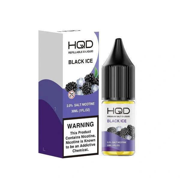 HQD Premium Salt E-Liquid Black Ice in 30ml bottle with warning label and berry graphics.