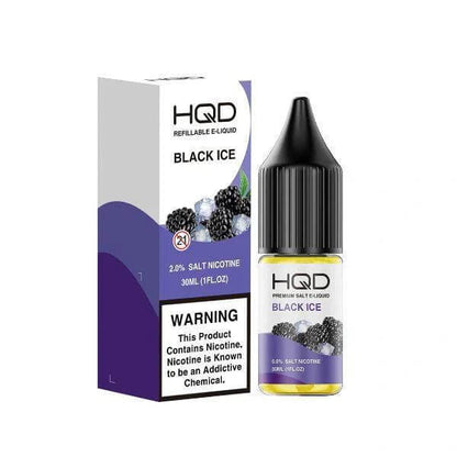 HQD Premium Salt E-Liquid Black Ice in 30ml bottle with warning label and berry graphics.