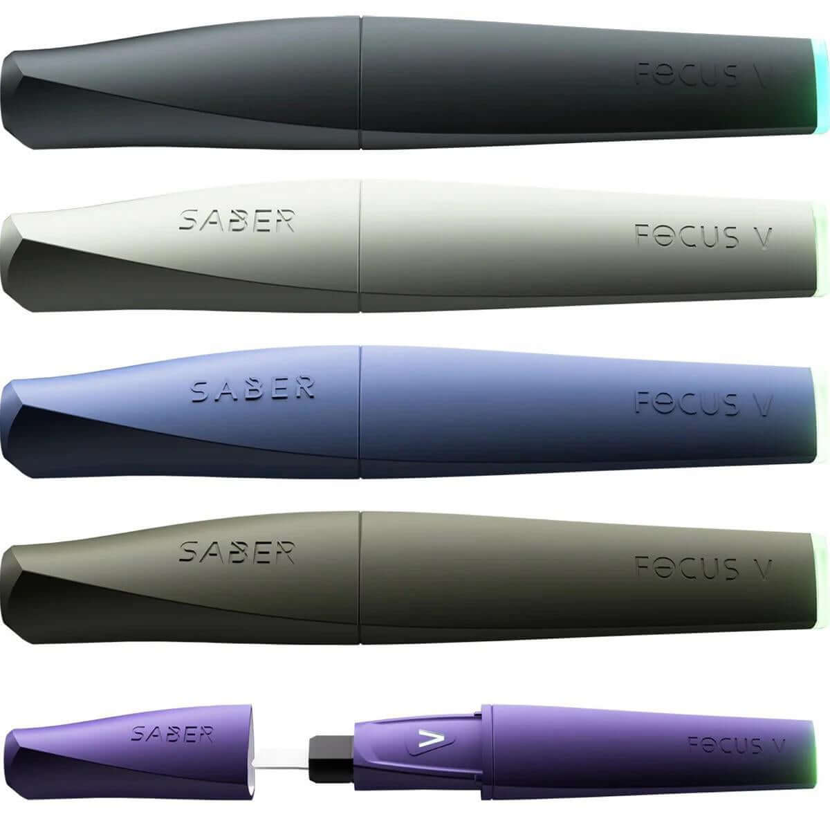 Focus V Saber electronic dab tool set in various colors with ergonomic design and USB-C charging.
