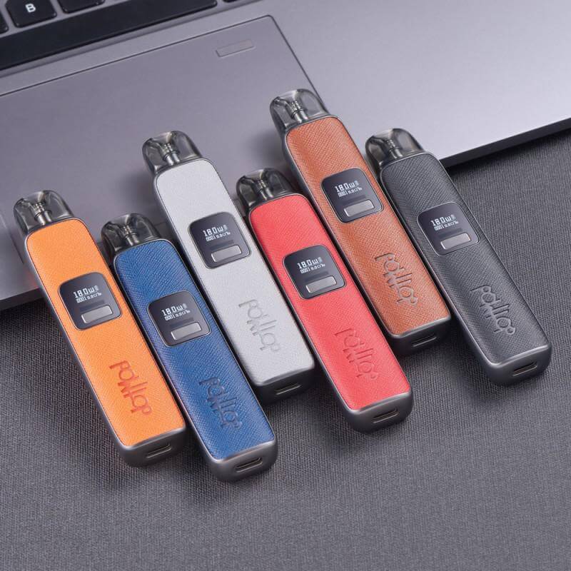 DotMod dotPod Pro Kit featuring six stylish colors placed on a laptop, showcasing a sleek design for vaping enthusiasts.