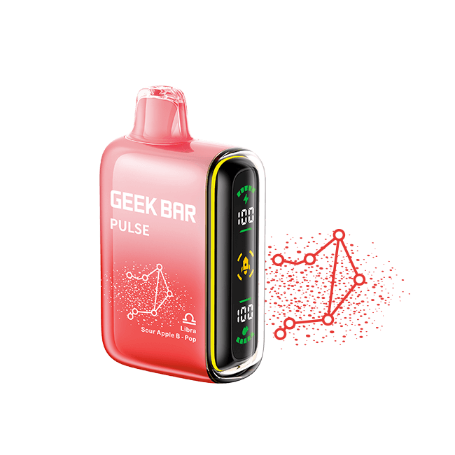 Geek Bar Pulse Disposable Vape in Sour Apple flavor with digital display and cosmic design for 15K puffs.