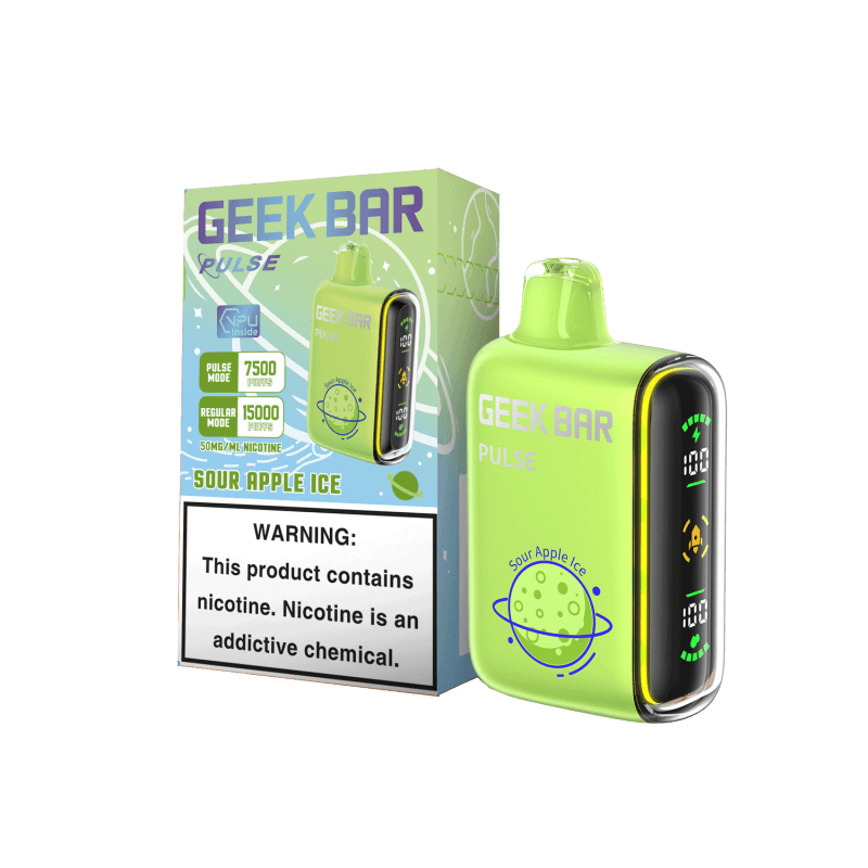 Geek Bar Pulse Sour Apple Ice disposable vape with 7500 puffs and warning label about nicotine addiction.