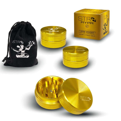 STR8 RYPR Herb Grinder 40mm 2-piece in gold with storage pouch and packaging for easy herb grinding