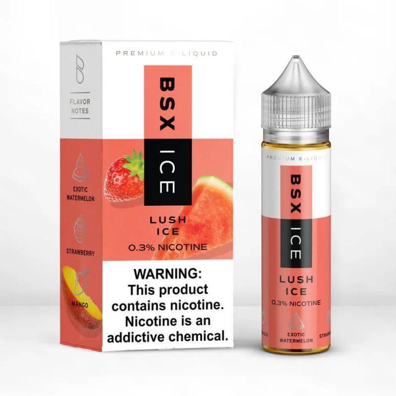 BSX Ice Lush Ice e-liquid bottle, 60ml, featuring exotic watermelon and strawberry flavors, 0.3% nicotine.