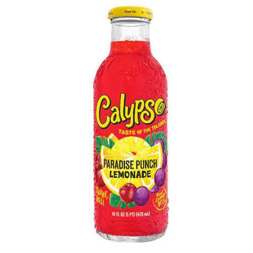 Calypso Paradise Punch Lemonade bottle, 16oz, refreshing tropical flavors with real fruit juice.