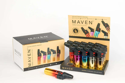 Maven Alpha Neon transparent butane torches, showcasing vibrant colors and sleek design for culinary and dabbing use.