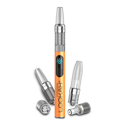 Lookah FIREBEE vaporizer with three attachments, showcasing its compact design and LED display for adjustable settings.