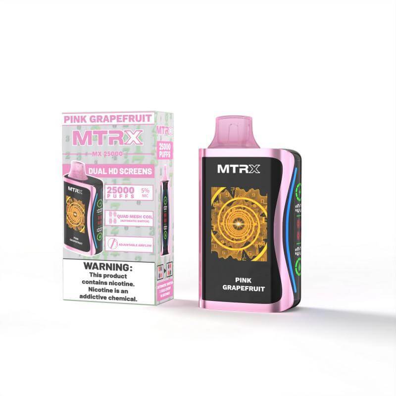 MTRX MX 25k Disposable Vape in Pink Grapefruit flavor with packaging, highlighting dual HD screens and 25000 puffs.