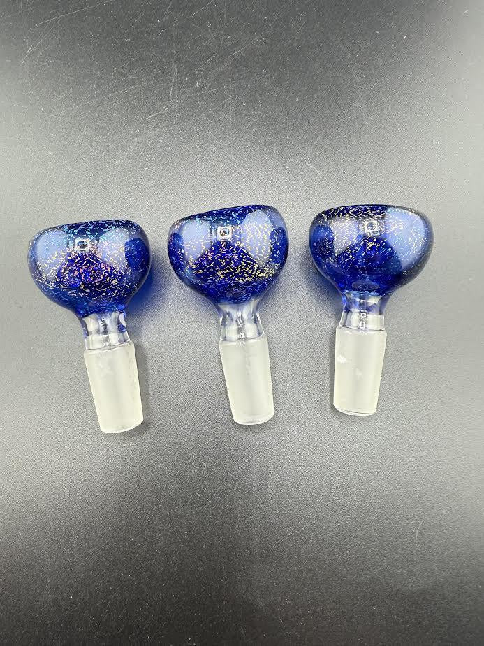 Three Filla John 14mm bowl pieces with blue dichroic accents on a black background.