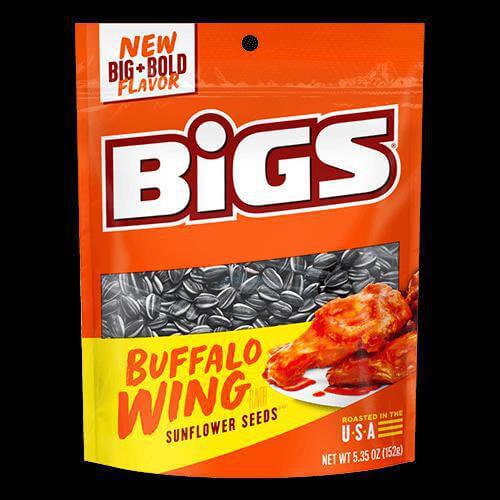 Bag of Bigs Buffalo Wing Sunflower Seeds (5.35 oz) showcasing a bold flavor snack, perfect for on-the-go enjoyment.