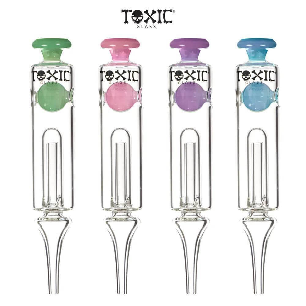 Toxic Glass Sphere Nectar Collector TXNC32 in four vibrant colors for stylish concentrate consumption.