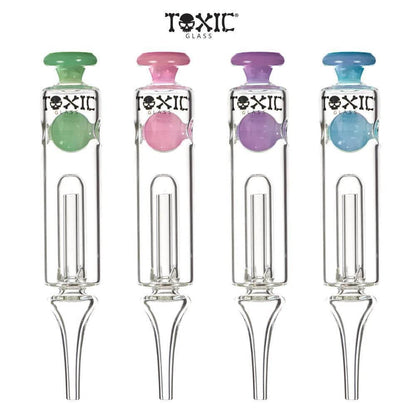 Toxic Glass Sphere Nectar Collector TXNC32 in four vibrant colors for stylish concentrate consumption.