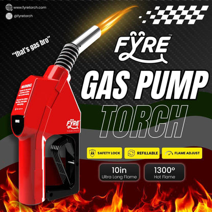 Fyre Gas Pump Torch, vintage-style butane torch with adjustable flame, safety lock, and refillable design.