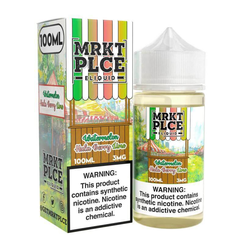 MRKT Place 100ml e-liquid bottle with packaging, featuring Watermelon Kiwi Berry Lime flavor and nicotine warning.