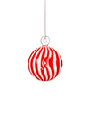 Red and white striped glass ornament hanging on a silver hook, perfect for festive decorations or holiday gifts.