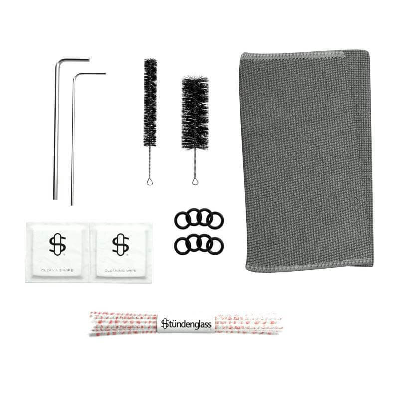 Stündenglass cleaning kit featuring wipes, brushes, tools, and accessories for maintaining the gravity infuser.