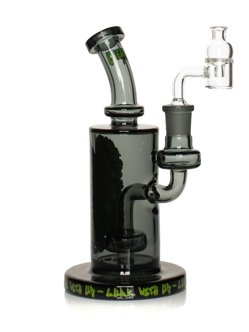 Gear Premium x Creature 7.5" black concentrate rig with quartz banger and cap, featuring unique design.