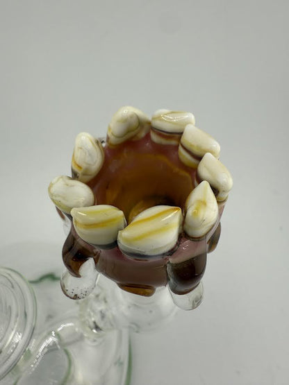 Top view of a Lamp Dancer 14mm bowl piece with drippy teeth design, handcrafted glass art showcasing vibrant colors.