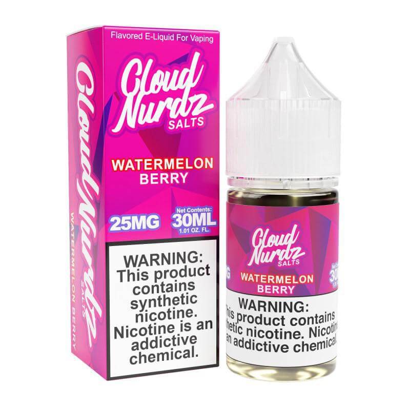 Cloud NURDZ Watermelon Berry 30ml e-liquid with synthetic nicotine for a smooth vaping experience.