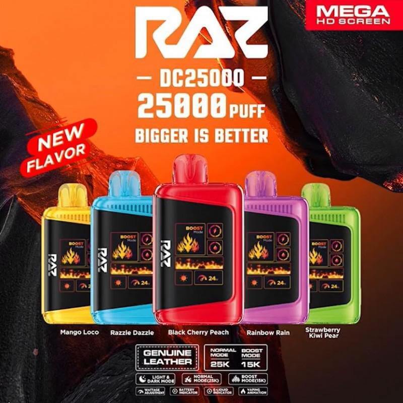 Raz 25 Disposable Vape with flavors: Mango Loco, Razzle Dazzle, Black Cherry Peach, Rainbow Rain, Strawberry Kiwi Pear.