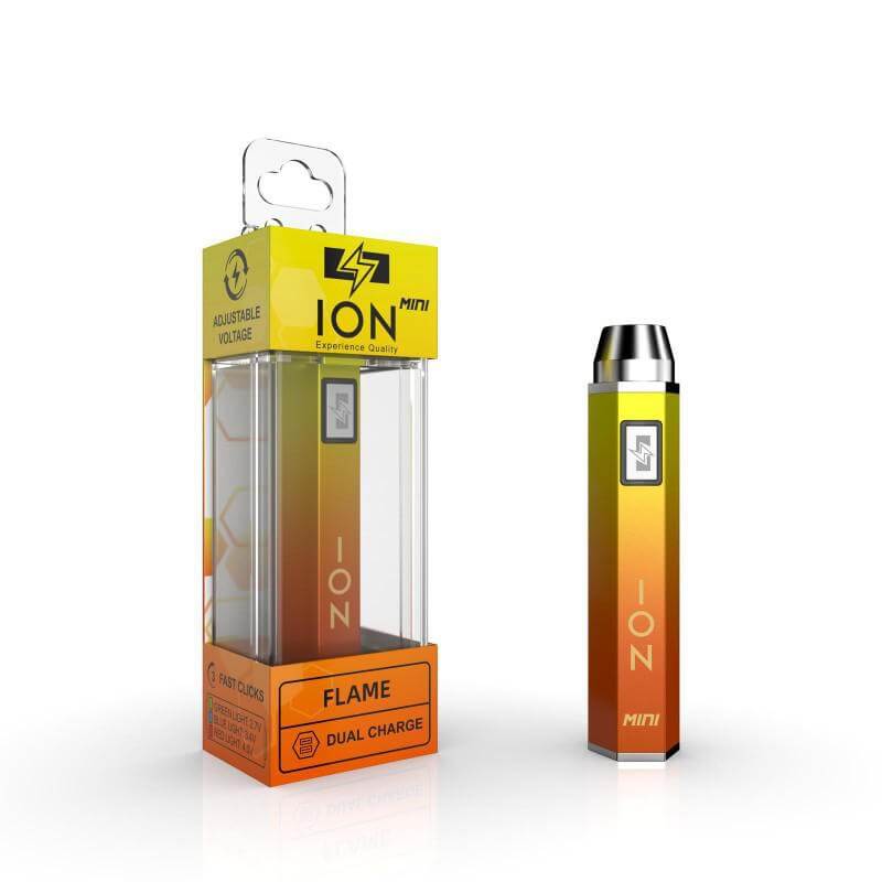 ION Mini Fusion 510 Battery in packaging, adjustable voltage, compact design for vaping CBD oil and concentrates.