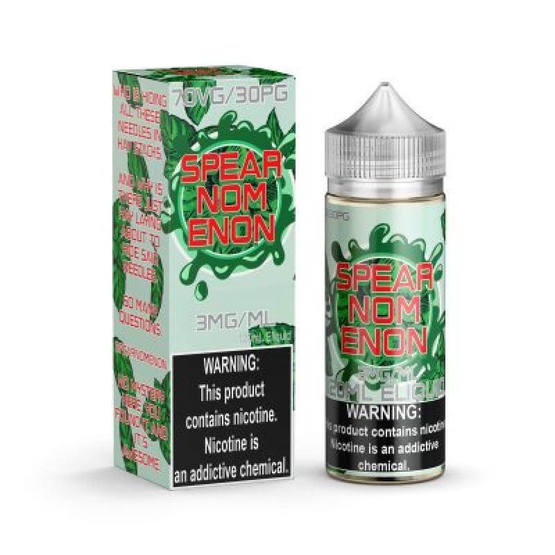 Spear Nom Enon 120ml e-liquid bottle with packaging, featuring nicotine warning and premium vaping ingredients.