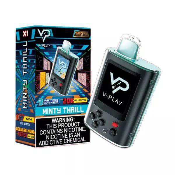 V Play Retro 20k Disposable Vape with Minty Thrill flavor, stylish retro design, and warning about nicotine.