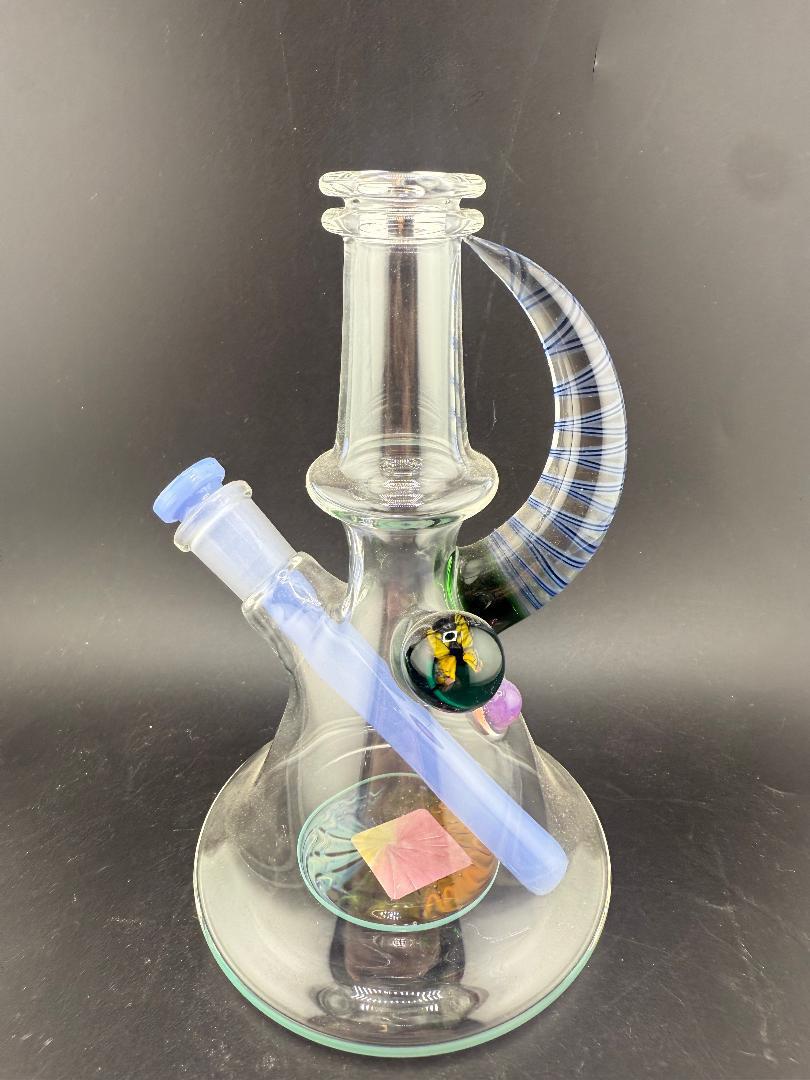 Brando Glass Mini Beaker - Line Worked Horn & Butterfly Millie w/ Teal Downstem 10mm 45°