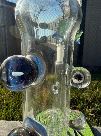 Highgrade Glass Flower Straight Tube - Blue & Green Inline Perc w/ Bubble Trap & Opal Attachments 14mm 90°