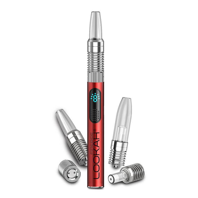 Lookah FIREBEE Vaporizer with three interchangeable tips, showcasing its compact design and LED display.