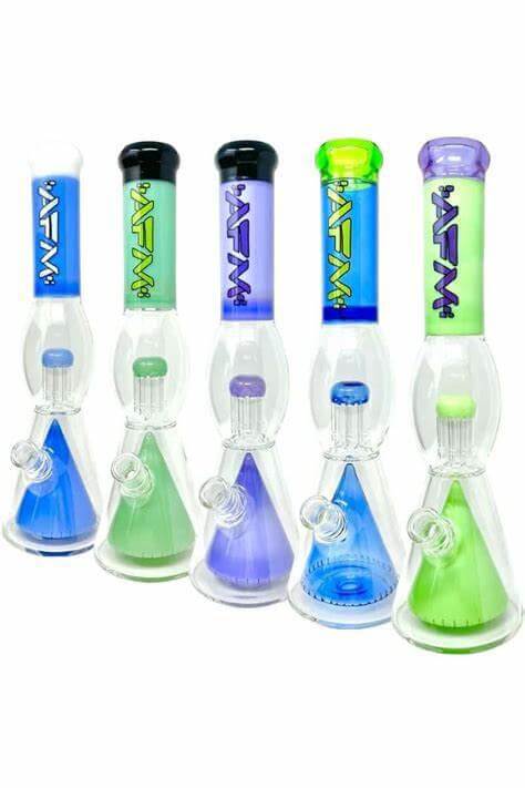 Collection of AFM Glass UFO Pyramid Perc Beakers in various colors, showcasing superior filtration and design.