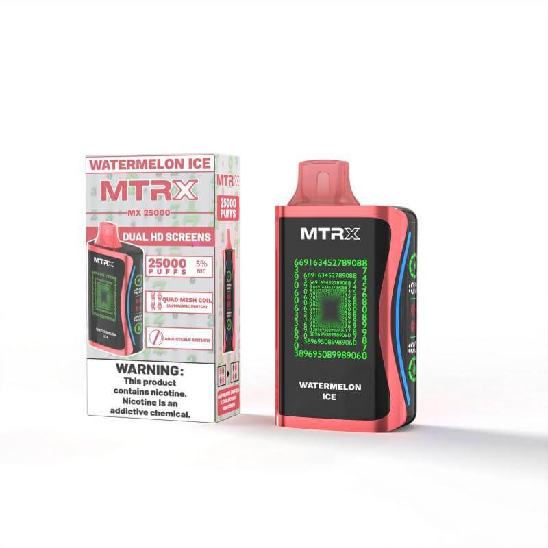 MTRX MX 25k Disposable Vape in Watermelon Ice flavor with packaging, offering 25000 puffs and 5% nicotine.