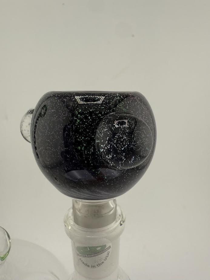 14mm Glass Distractions Bowl Piece, designed with black and sparkly glass for enhanced smoking experience.