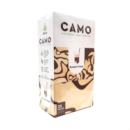 Camo Natural Leaf Wraps Russian Cream packaging, 25 packs, premium herbal wraps, smooth smoking experience