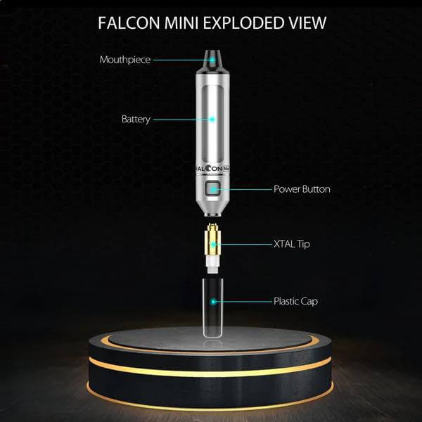 Exploded view of Yocan Falcon Mini Vaporizer highlighting mouthpiece, battery, power button, XTAL tip, and plastic cap.