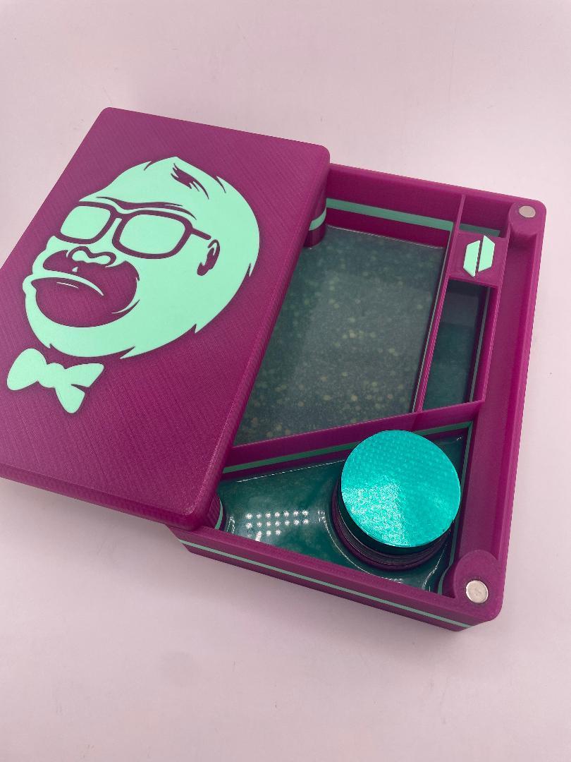 Kandy Custom 3-D Prints Puffco Proxy storage box with purple ape design and organized compartments.